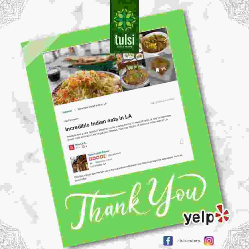 A green card with "Thank You Yelp" and a Yelp review for Tulsi Kitchen's Indian food.